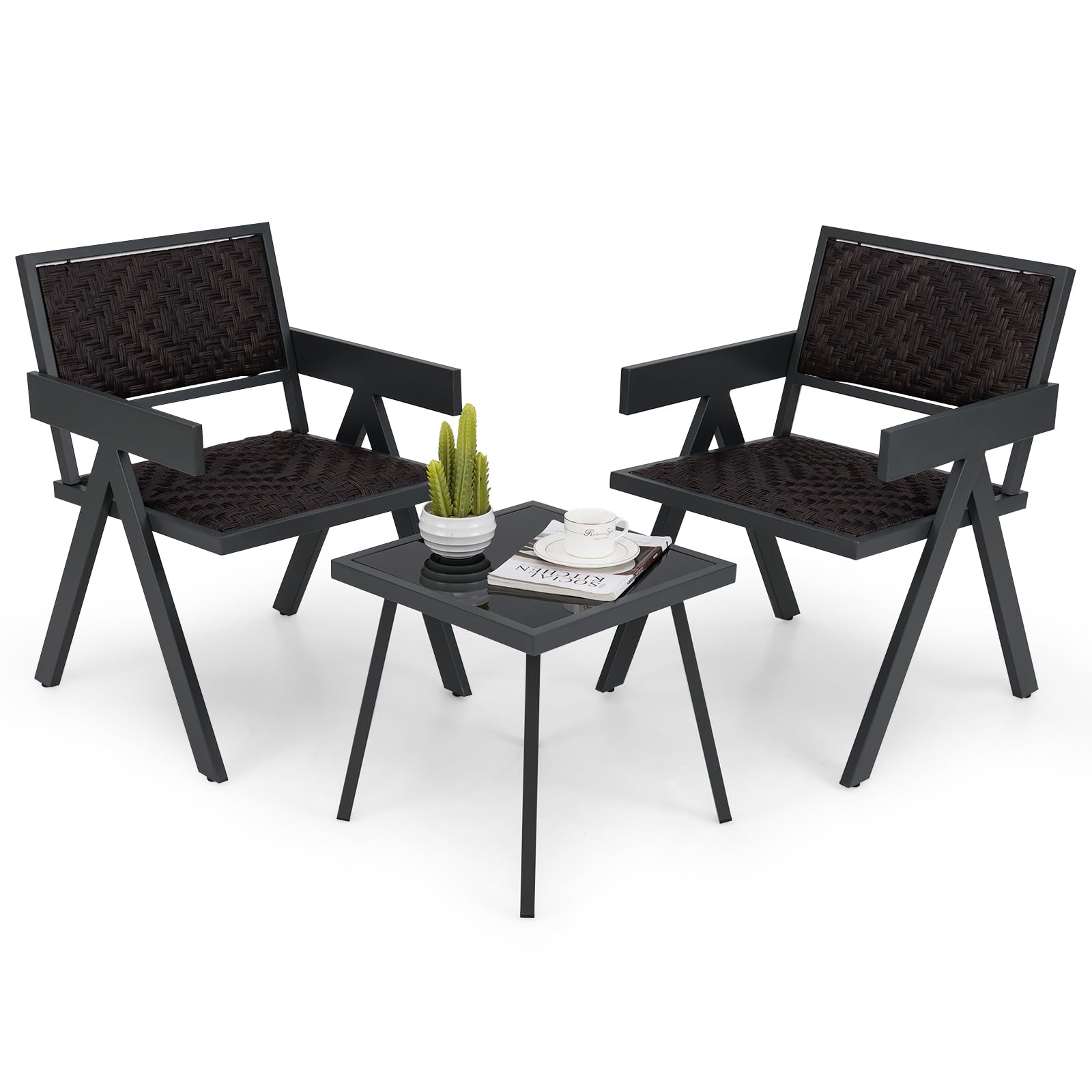 Tangkula 3 Pieces Patio PE Wicker Bistro Set